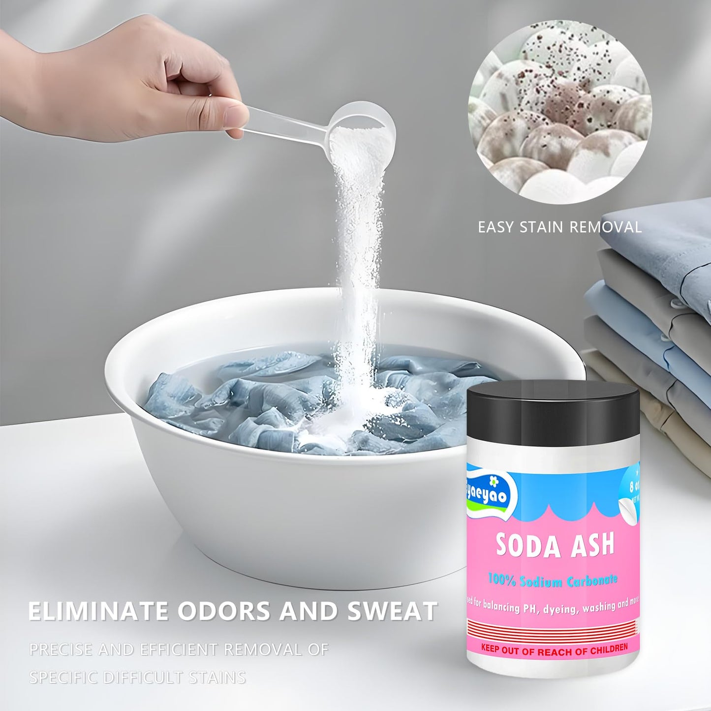 Eyaeyao Natural Washing Soda, Sodium Carbonate, Laundry Booster, Soda Ash, Multipurpose Cleaner, Water Softener, Stain Remover (16 Ounces)