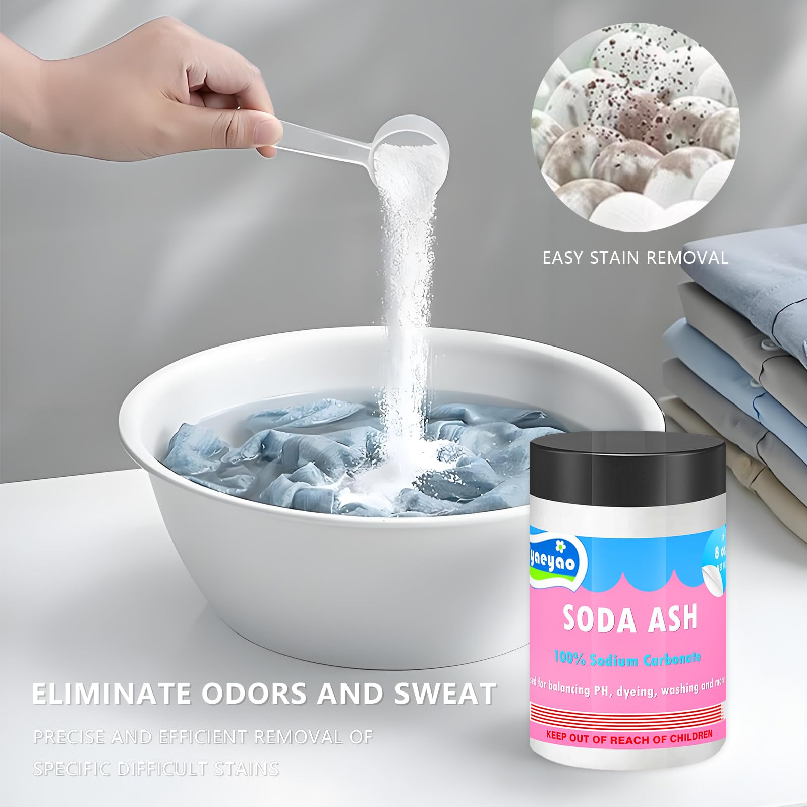 Eyaeyao Natural Washing Soda, Sodium Carbonate, Laundry Booster, Soda Ash, Multipurpose Cleaner, Water Softener, Stain Remover (16 Ounces)