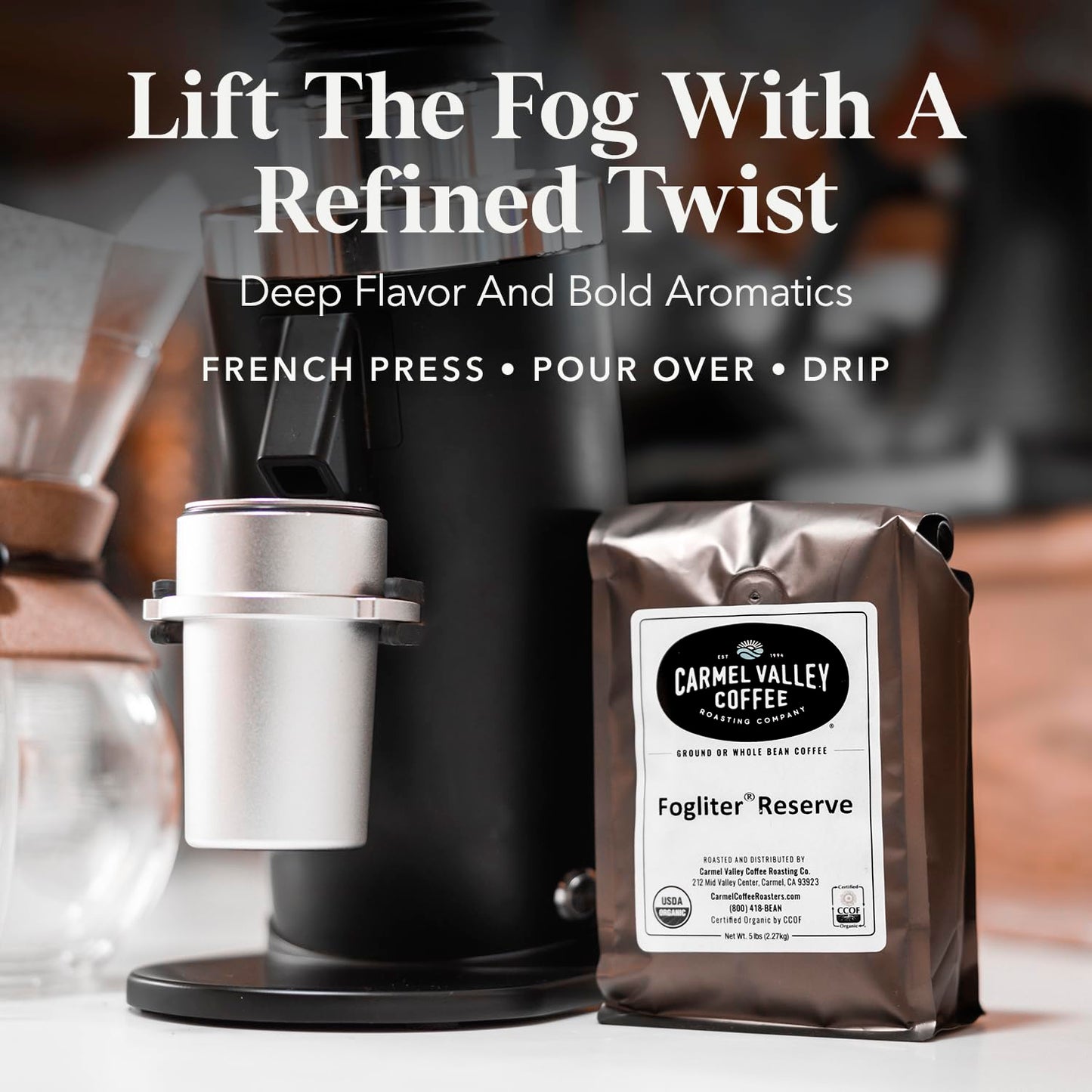 Carmel Valley Coffee Roasting Foglifter® Reserve - Whole Bean Organic Medium Dark Roast Coffee, Connoisseur's Premium Blend, Citrus Zest & Toffee