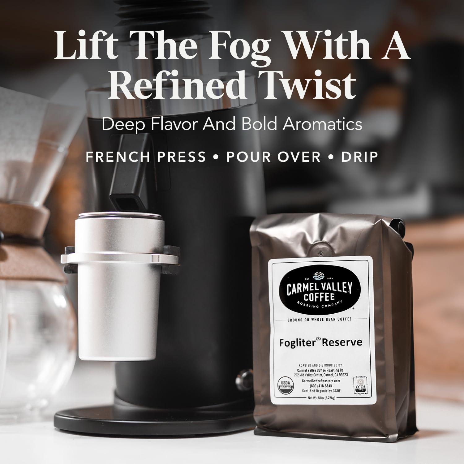 Carmel Valley Coffee Roasting Foglifter® Reserve - Whole Bean Organic Medium Dark Roast Coffee, Connoisseur's Premium Blend, Citrus Zest & Toffee