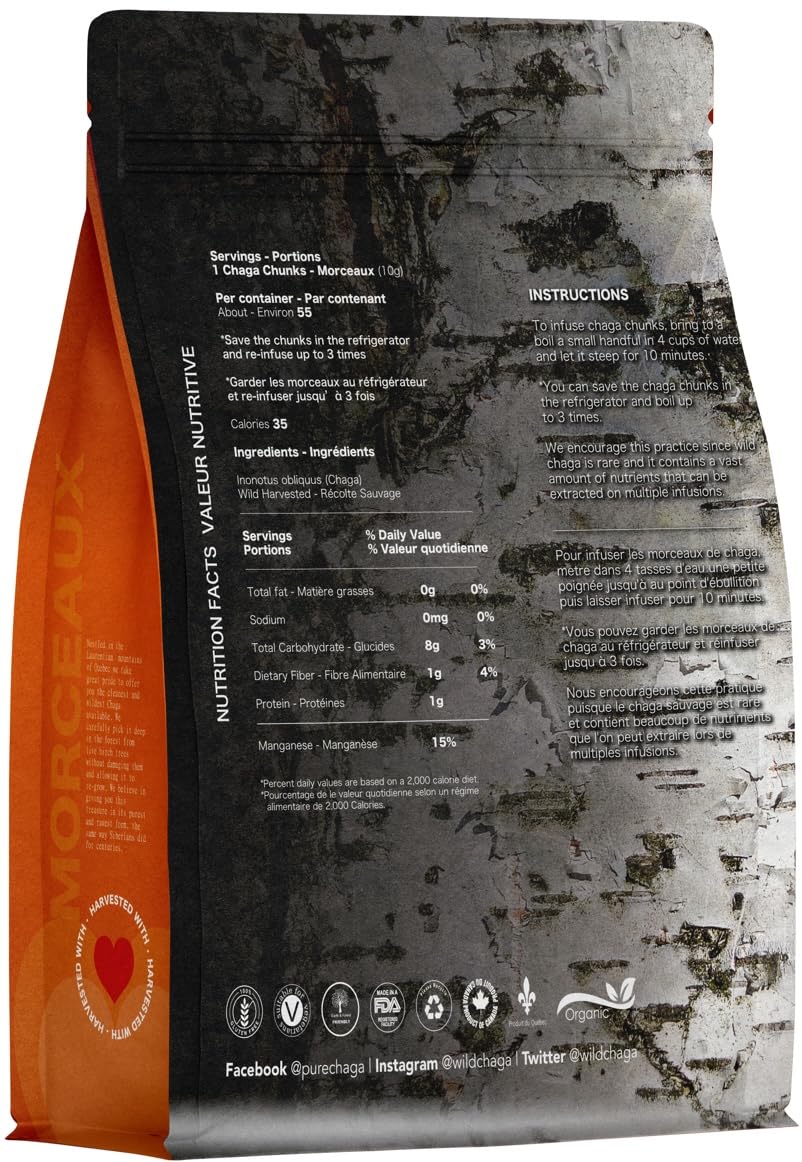 Premium Organic Chaga Mushroom Chunks - 8 oz of Authentic 100% Wild Harvested Canadian Chaga Tea - Superfood