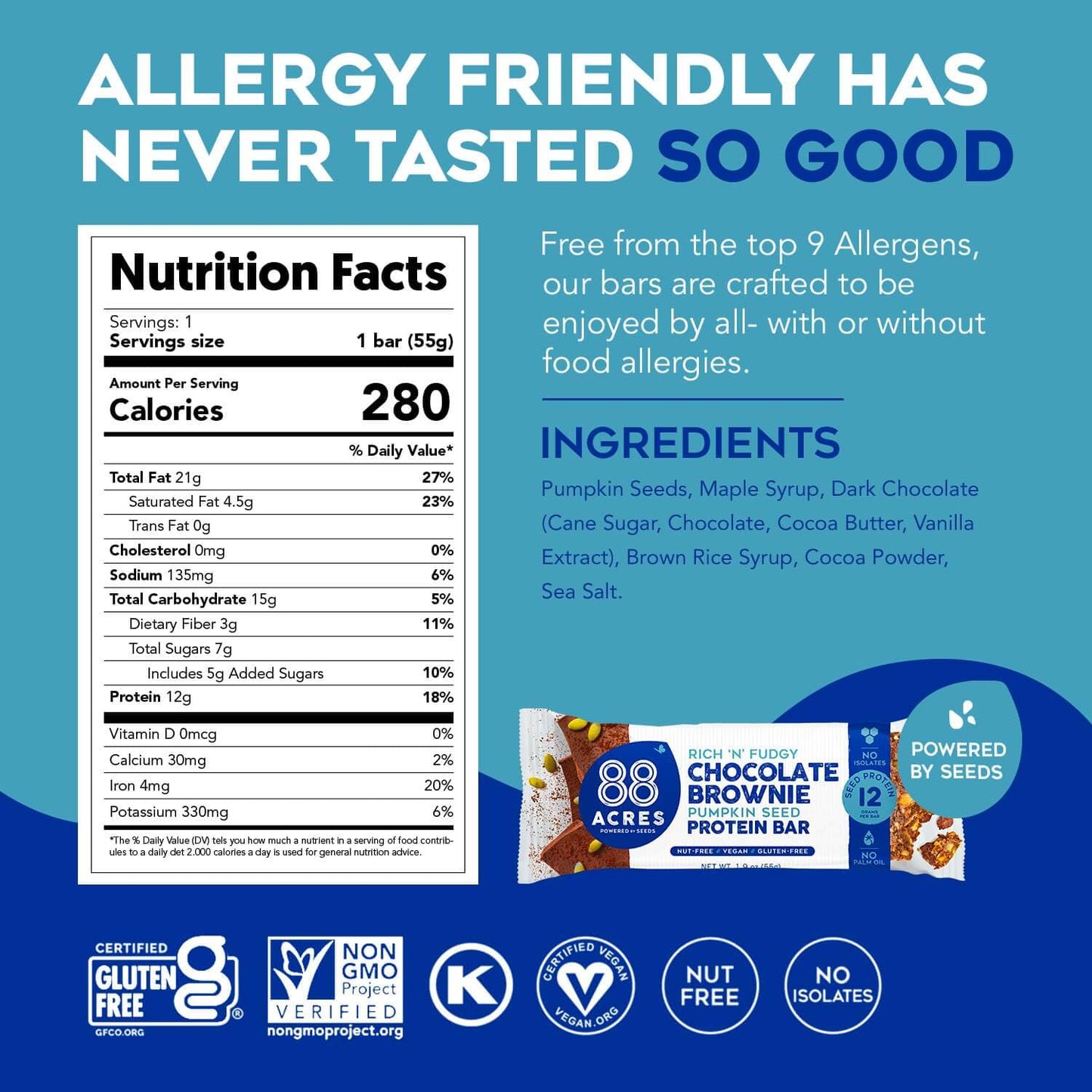 88 Acres Pumpkin Seed Protein Bars, Fudge Brownie, 9 Count, 12g Plant-Based Protein, Gluten Free, Nut Free, School Safe Snack Bar, Vegan, Non-GMO