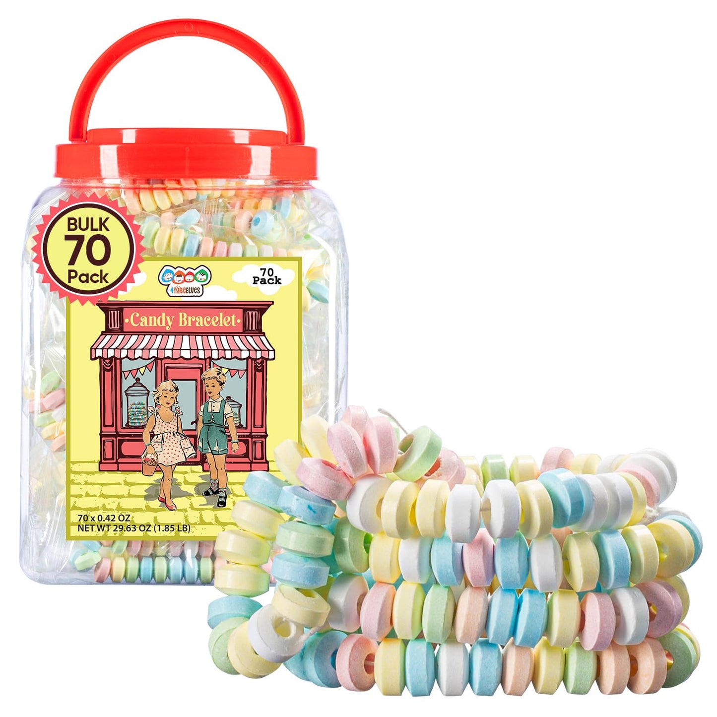 70 Candy Bracelets Individually Wrapped, Vintage Candy Jewelry for Kids, The Perfect Pastel Addition to your Candy Buffet, Princess-Themed Party or
