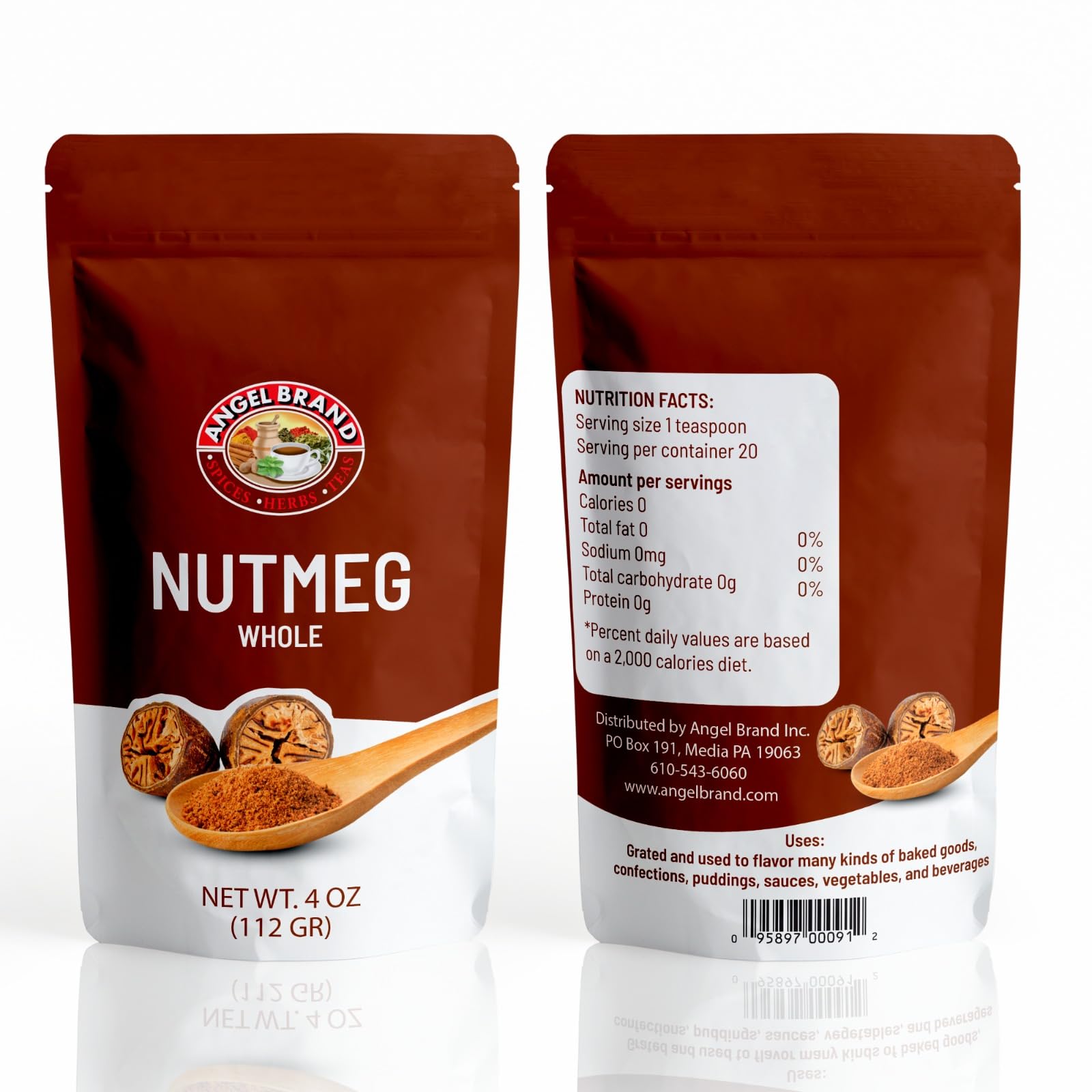 Angel Brand Whole Nutmeg 4 oz Pouch - Premium Nutmeg Spice for Baking, Cooking, Desserts, and Spice Blends.