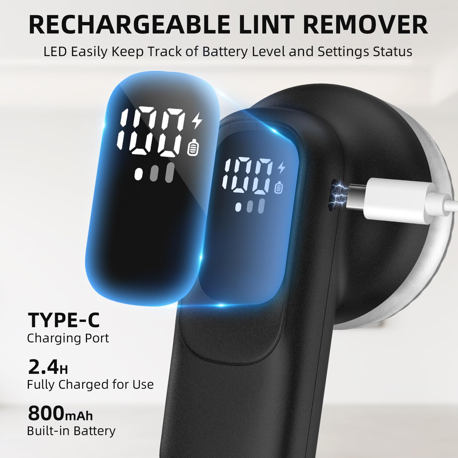 Fabric Shaver, Lint Remover Rechargeable with 3 Speeds, 6 Leaf Blades, Digital LED Display to Remove Fuzz Lint Balls for Clothes, Furniture, Sweater