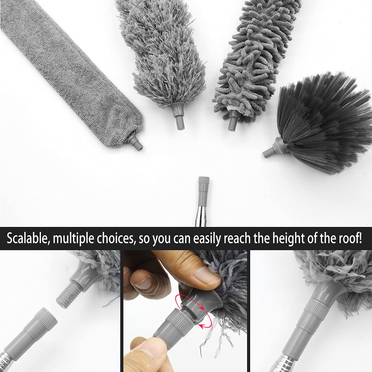 5PCS Microfiber Feather Duster,Extendable Cobweb Duster with 100 Inches Stainless Steel Reusable Bendable Washable Ceiling Fan Cleaner