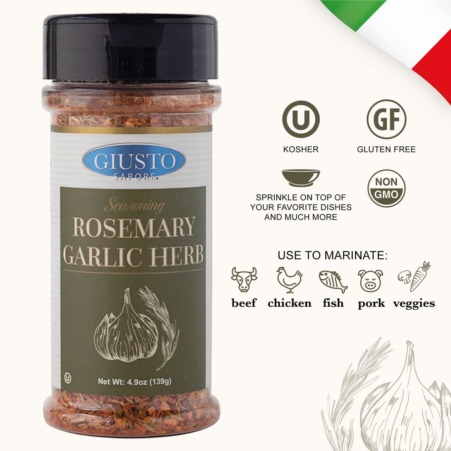 Giusto Sapore Rosemary Garlic Herb Seasoning Bag - Imported from Italy and Family Owned