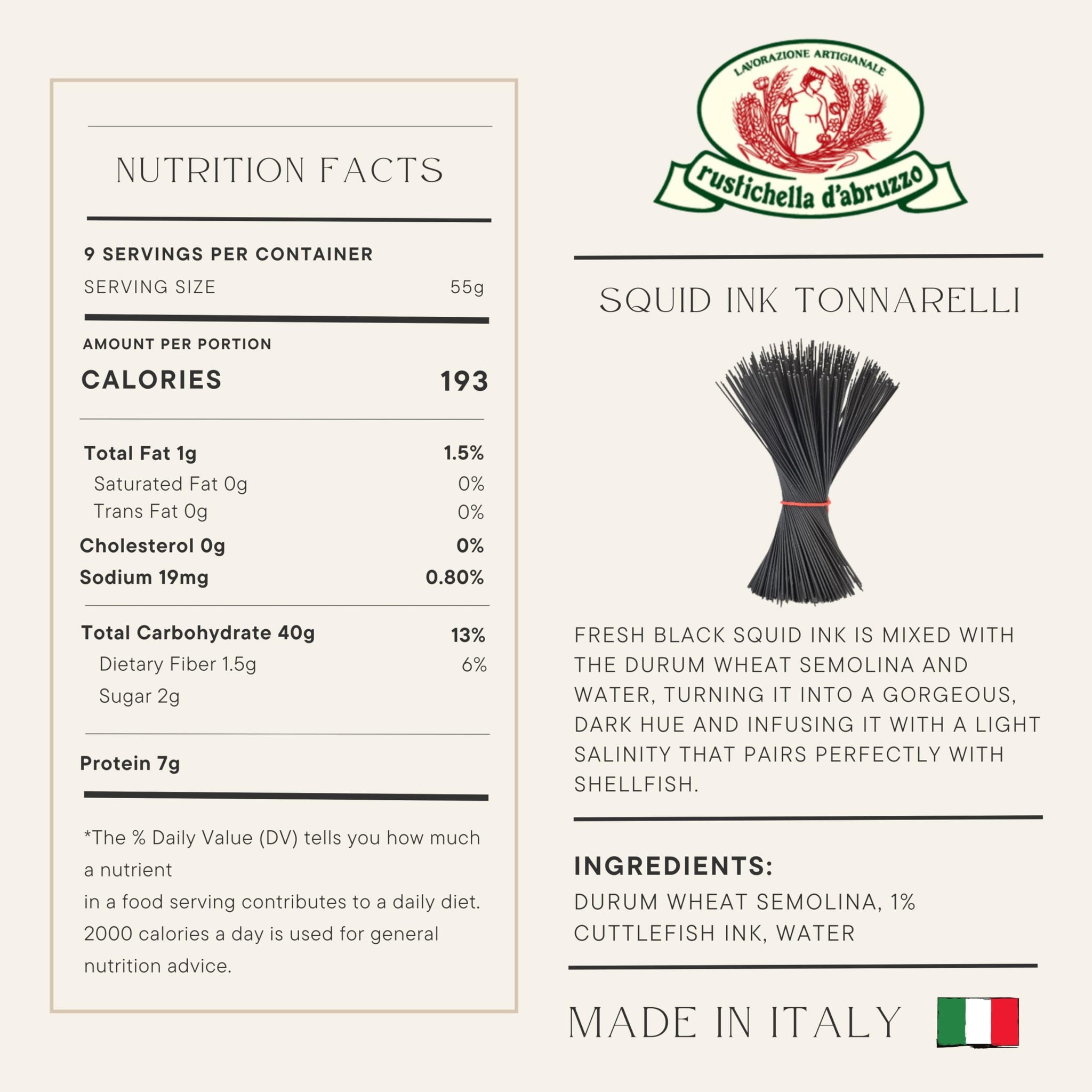 Rustichella d'Abruzzo Tonnarelli with Squid Ink, Long Italian Pasta with Cuttlefish, Ideal for Shellfish, Spicy Fish Sauce & Olive Oil Dishes