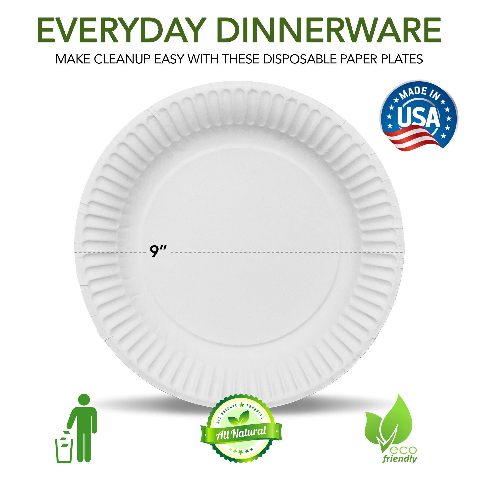 Stock Your Home 9-Inch Paper Plates Uncoated, Everyday Disposable Plates 9" Paper Plate Bulk, White, 500 Count