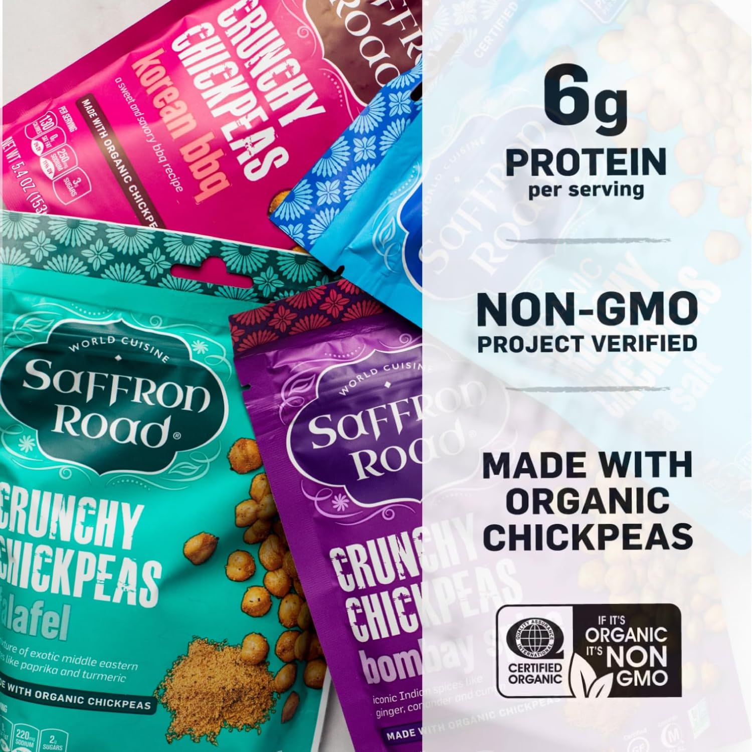 Saffron Road Crunchy Bombay Spice, Korean BBQ, Sea Salt & Cracked Pepper Roasted Chickpeas | High Protein Snacks | Sugar and Gluten-free | Vegan High