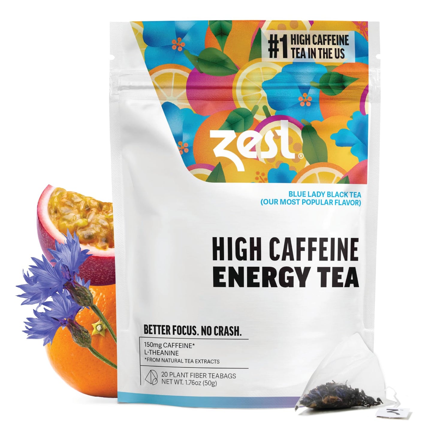 Zest Energy Tea Bags - Blue Lady Passion Fruit Black Tea - High Caffeine Tea for Morning Energy, Focus & Clarity - Natural Caffeinated Tea with 150mg