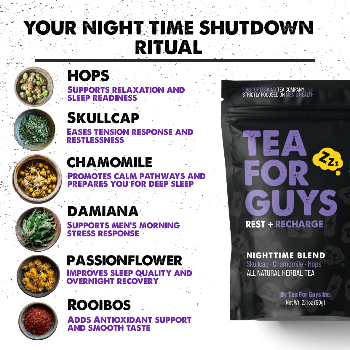 Tea For Guys: Nighttime Blend- Strong Herbal Night Blend for Calm, Reset, and Deep Rest | - 20 Biodegradable Tea Bags