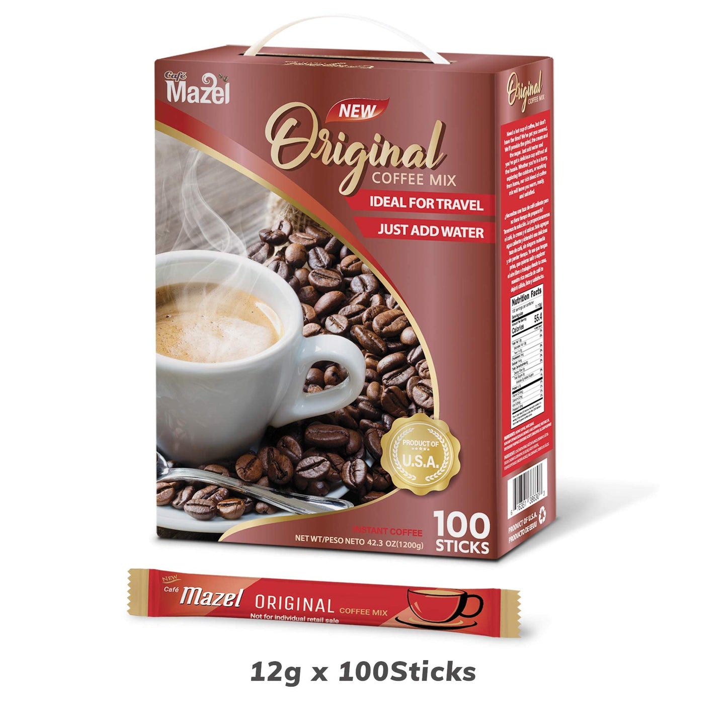 Café Mazel Instant Coffee - Original, Coffee Mix, 3 in 1 Coffee, 100 Sticks