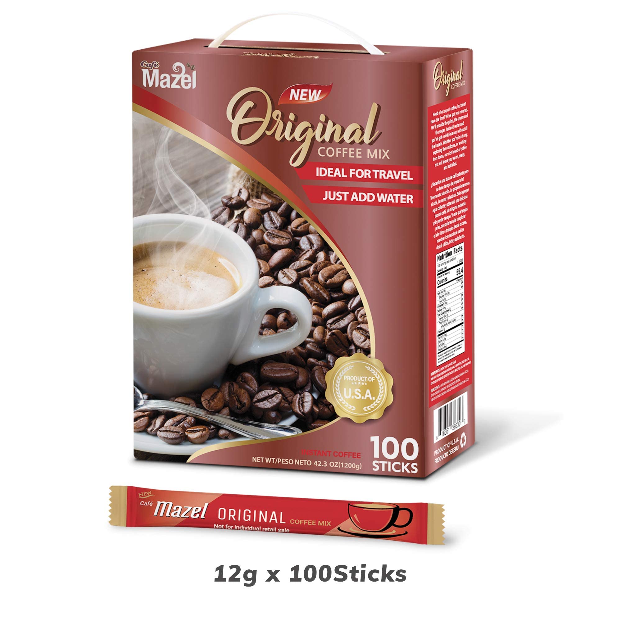 Café Mazel Instant Coffee - Original, Coffee Mix, 3 in 1 Coffee, 100 Sticks