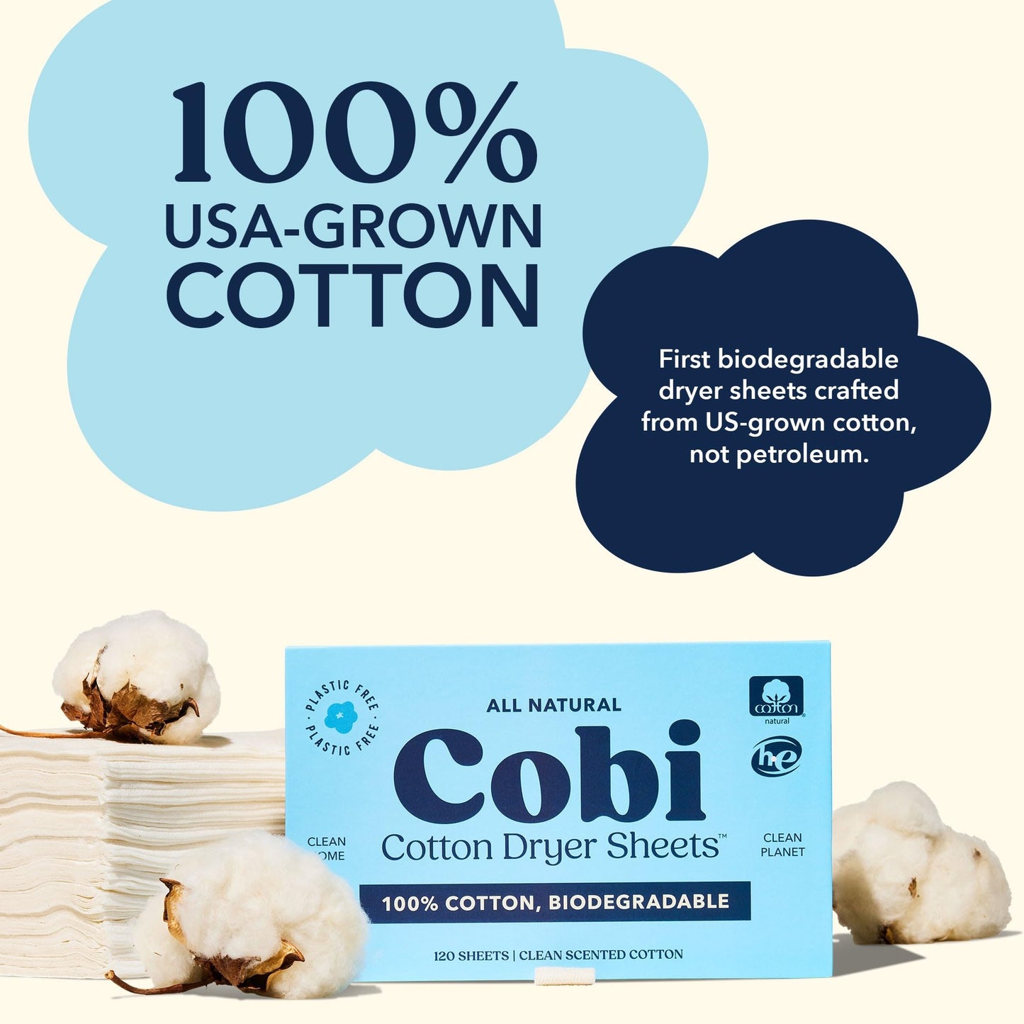 Cobi Biodegradable Non-Toxic Dryer Sheets - Naturally Scented Cotton Dryer Sheets - Eco-Friendly, Plant-Based, Plastic-Free - 120 Count