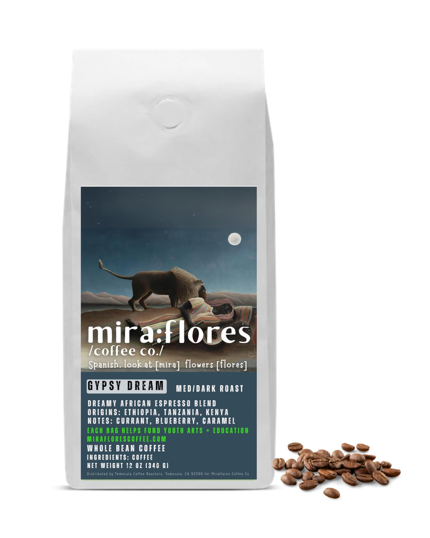 Miraflores Coffee Co Specialty Whole Bean Coffee, Perfect Crema Medium Dark Roast Espresso Blend (12oz, Africano Espresso Roast)