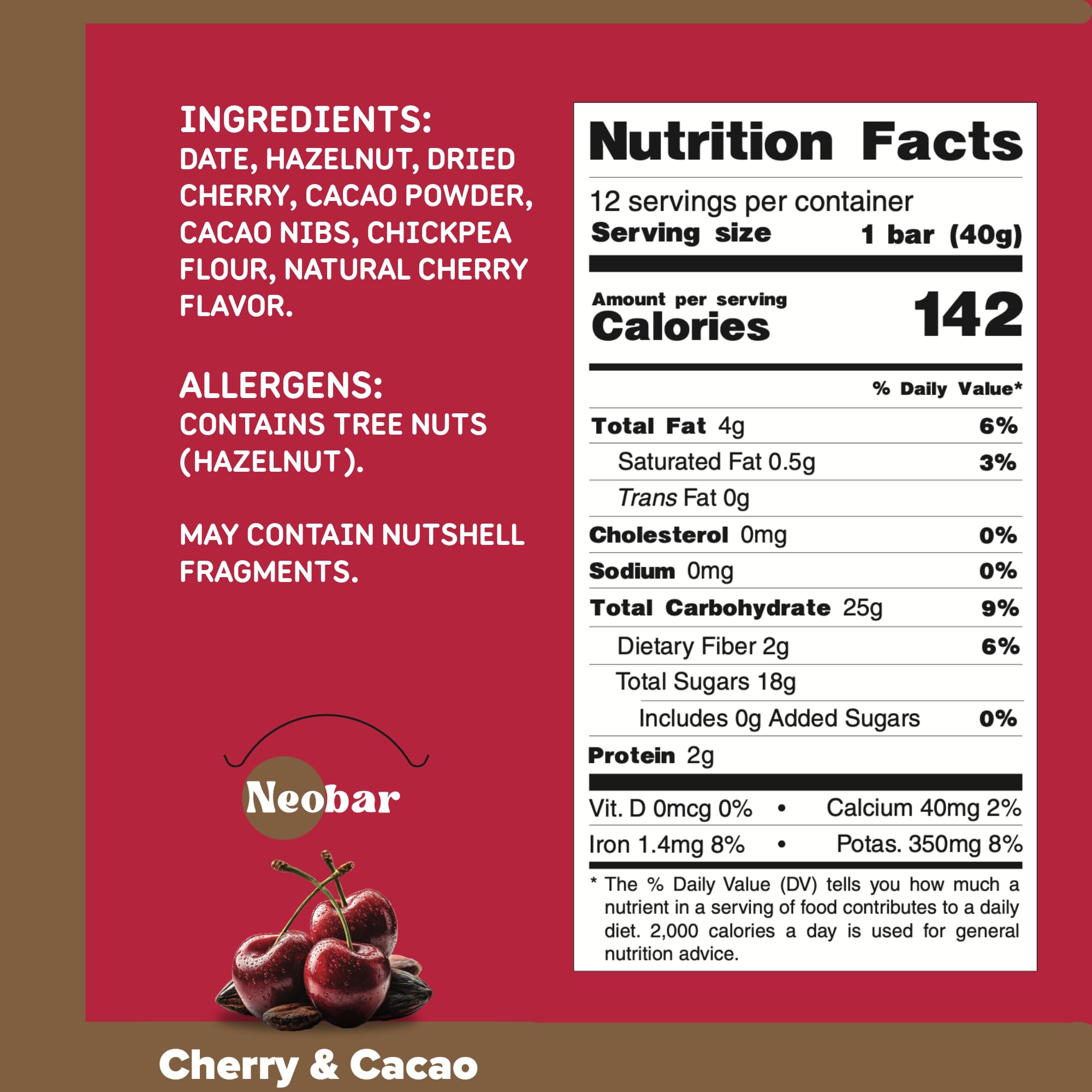 NEOBAR Cherry Cacao Fruit and Nut Bars - Plant-Based Vegan Snack Bars, Gluten Free Dairy Free Snacks, No Added Sugar, No Preservatives, Non-GMO | 12