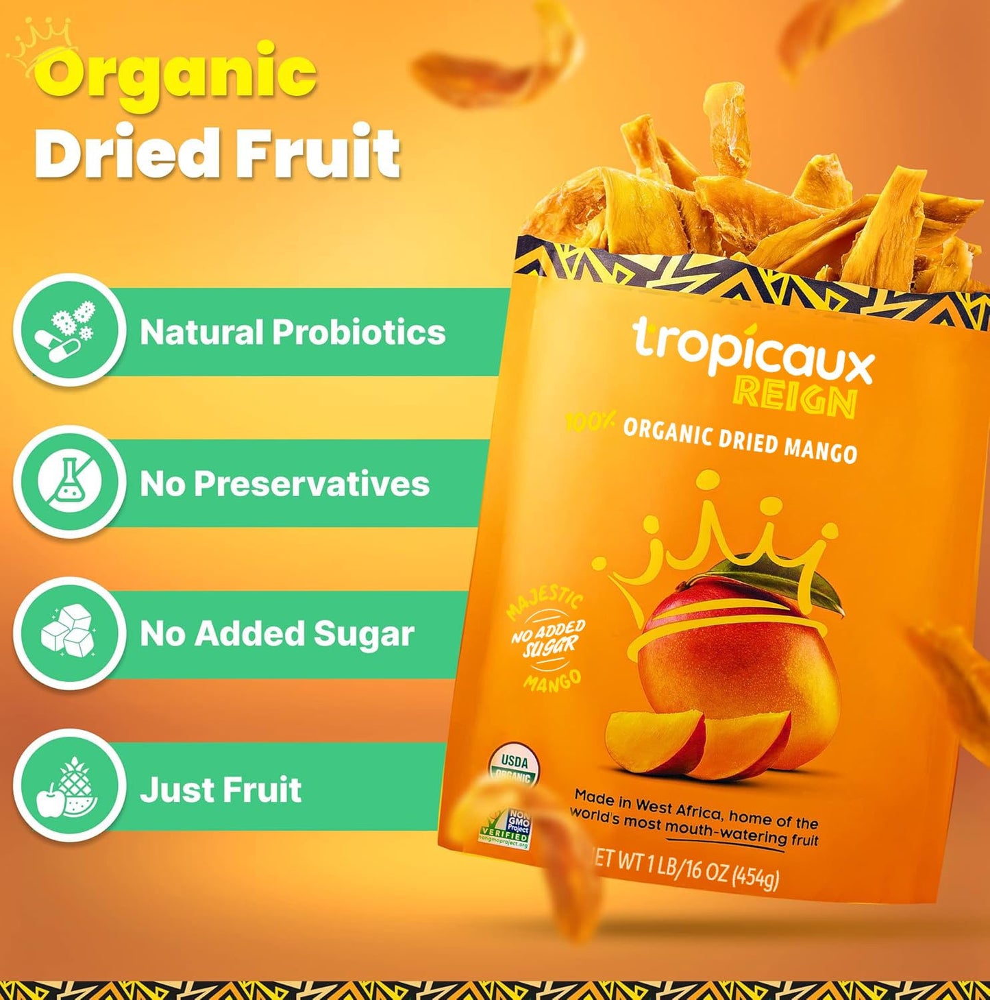 Organic Dried Mango Slices, No Sugar Added, 16oz - All-Natural, Non-GMO, Mouth-Watering Dried Mangoes - Preservative-Free, Nutritious & Delicious