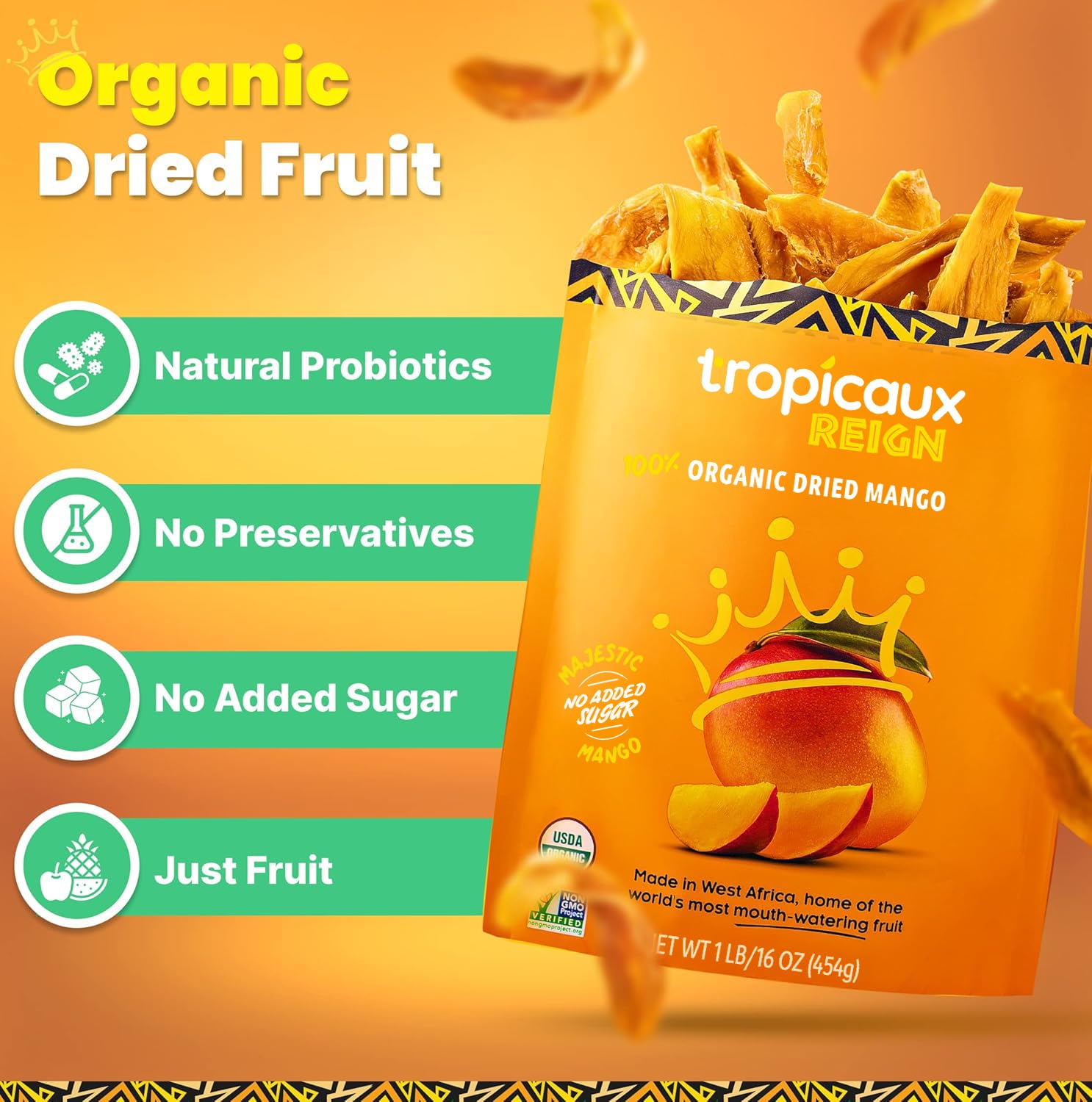Organic Dried Mango Slices, No Sugar Added, 16oz - All-Natural, Non-GMO, Mouth-Watering Dried Mangoes - Preservative-Free, Nutritious & Delicious