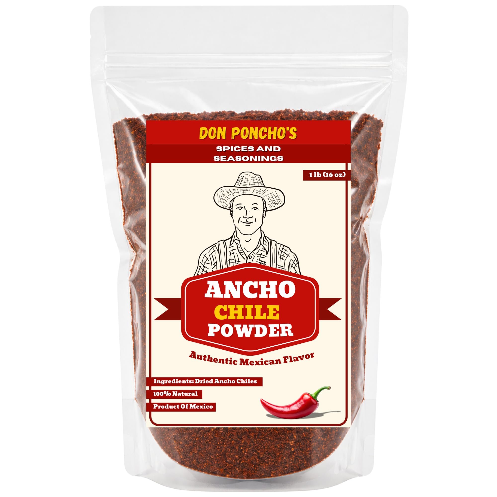 Don Ponchos Ancho Chile Powder 1 lb (16 oz) - Authentic Mexican Chile Ancho Molido, Mild Smoky Chili Powder Seasoning for Mole, Enchiladas, Tacos