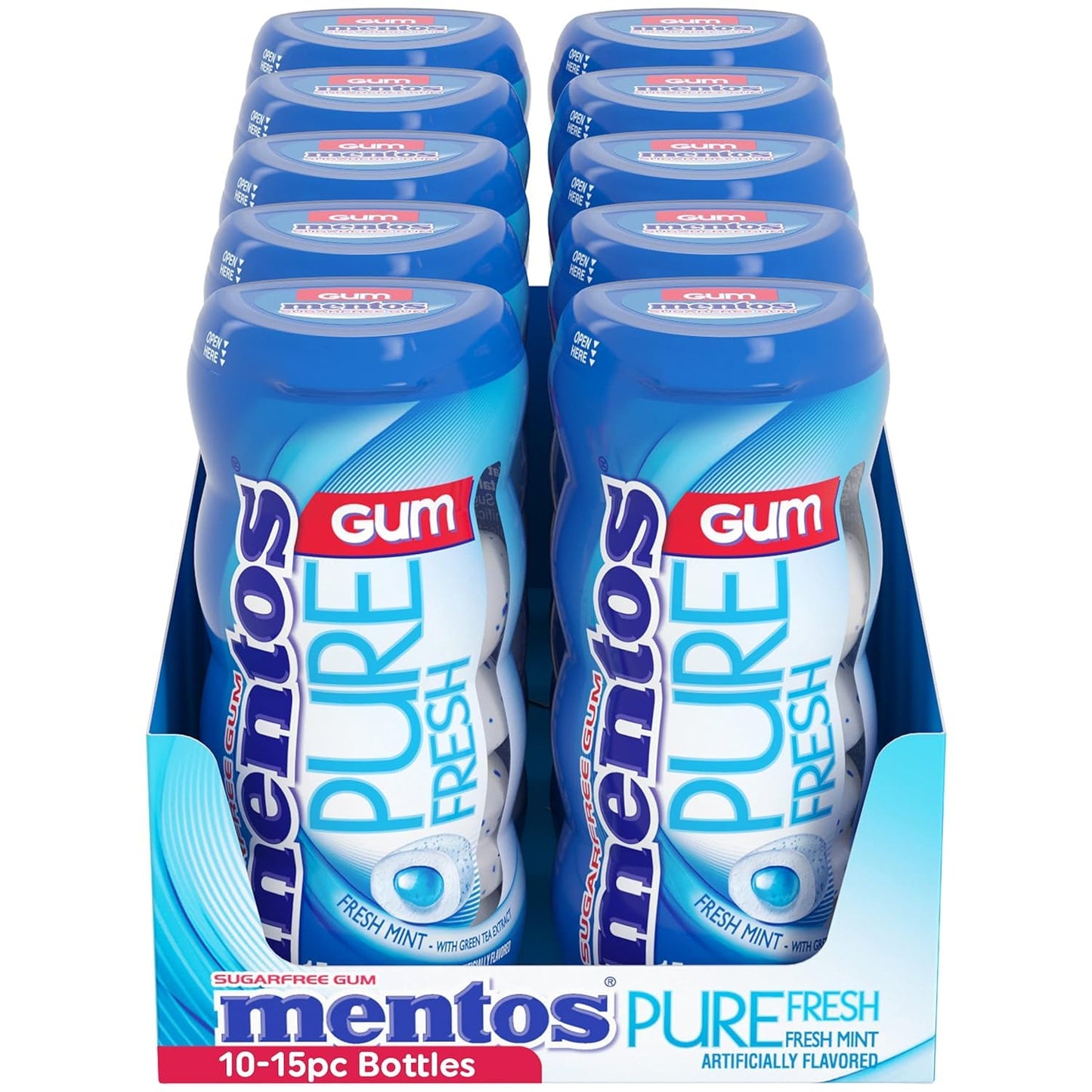 MENTOS PURE FRESH SUGAR-FREE CHEWING GUM WITH XYLITOL, SPEARMINT, NON MELTING, 15 PIECE BOTTLE