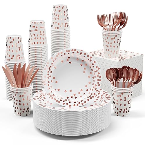 White and Rose Gold Party Supplies - 350 PCS Disposable Dinnerware Set - White Paper Plates Napkins Cups, Gold Plastic Forks Knives Spoon