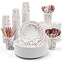 White and Rose Gold Party Supplies - 350 PCS Disposable Dinnerware Set - White Paper Plates Napkins Cups, Gold Plastic Forks Knives Spoon