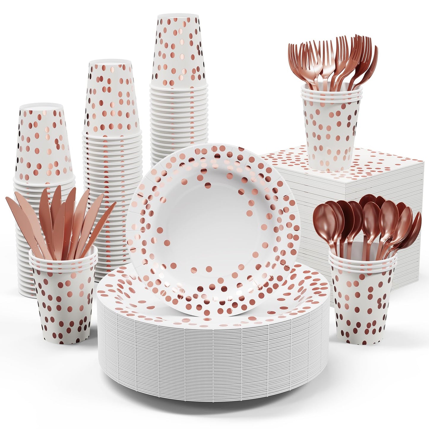 White and Rose Gold Party Supplies - 350 PCS Disposable Dinnerware Set - White Paper Plates Napkins Cups, Gold Plastic Forks Knives Spoon