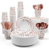 White and Rose Gold Party Supplies - 350 PCS Disposable Dinnerware Set - White Paper Plates Napkins Cups, Gold Plastic Forks Knives Spoon