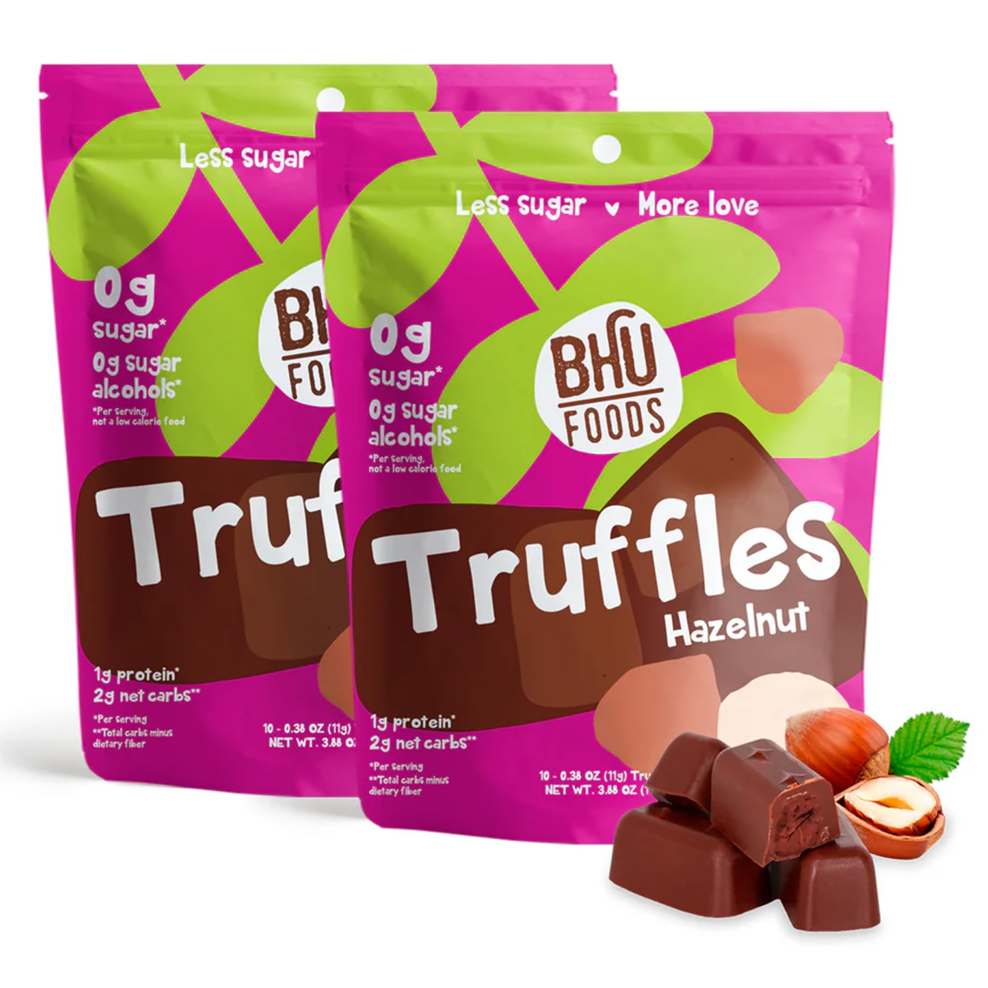 BHU FOODS Keto Fat Bombs, Organic, Vegan, Low Carb Sugar Free, Decadent Keto Candy made with Clean Ingredients, Hazelnut Chocolate Truffles (2 Bags)