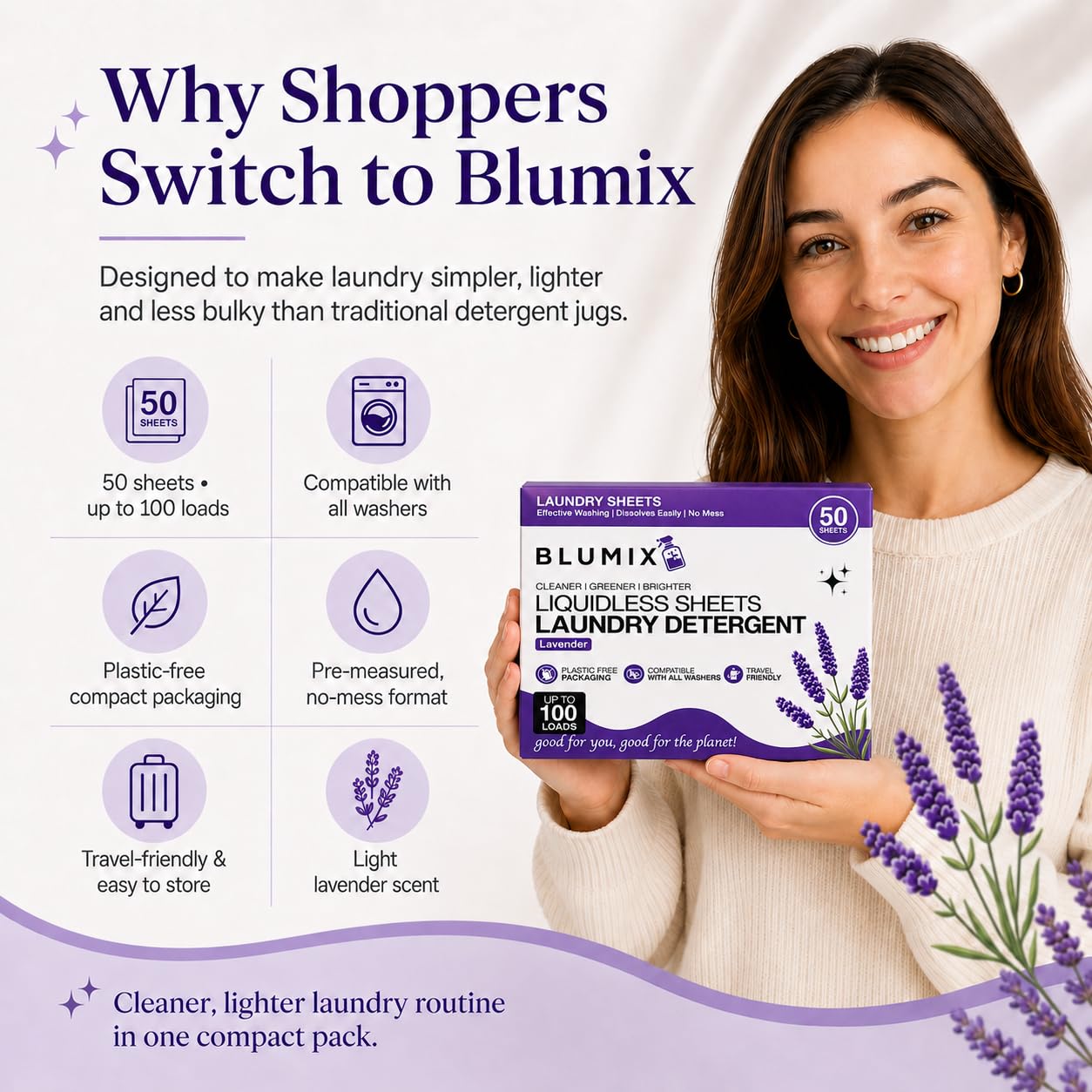 Blumix Laundry Detergent Sheets - 100 Loads | Lavender Scent | Eco-Friendly, Plastic-Free, Plant-Based Detergent for Sensitive Skin | Travel Friendly