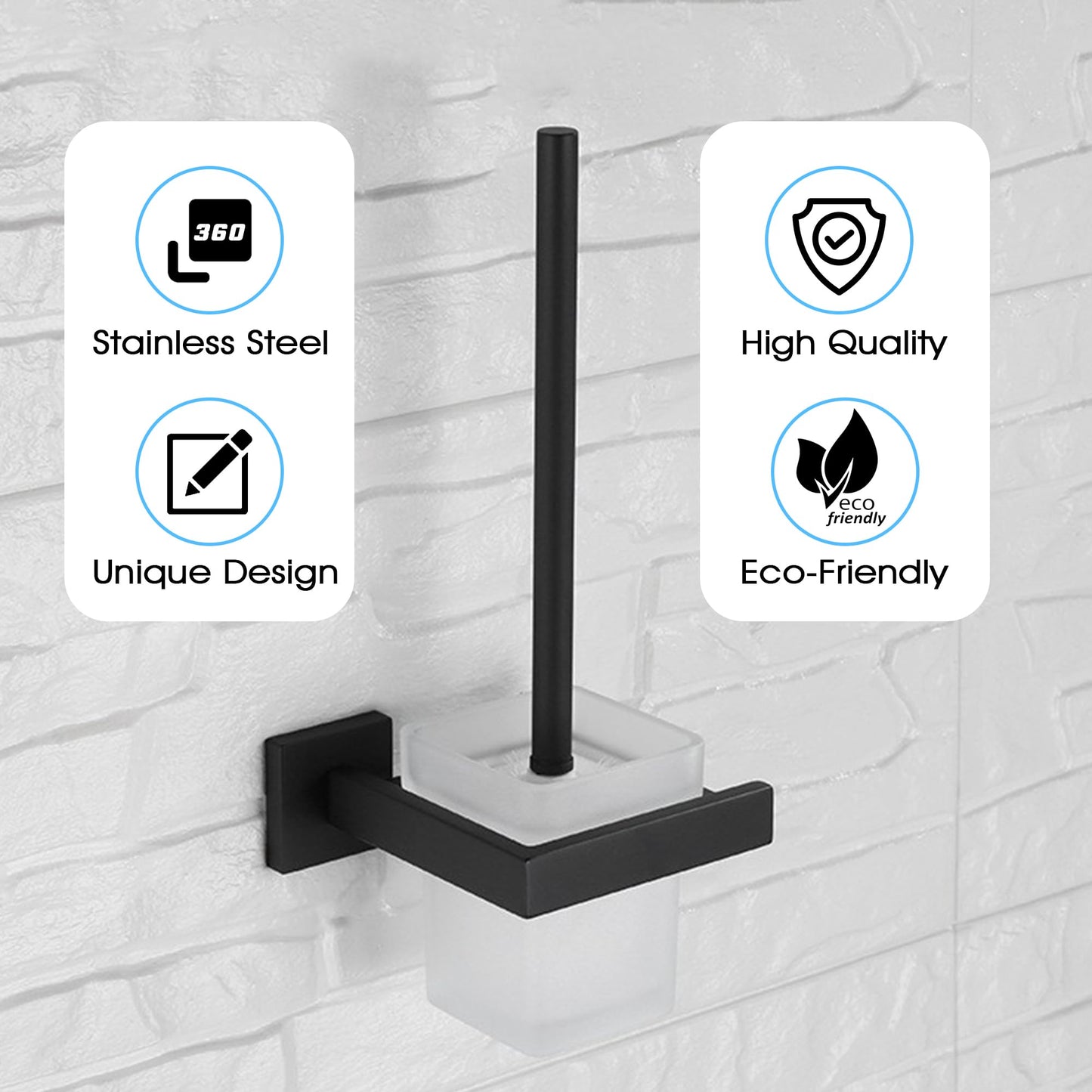 Brixline Upgraded Toilet Cleaner Bowl Brush and Holder Set Wall Mounted Modern Metal Glass Black Scrubber Scrub Brushes Wand Household Supplies