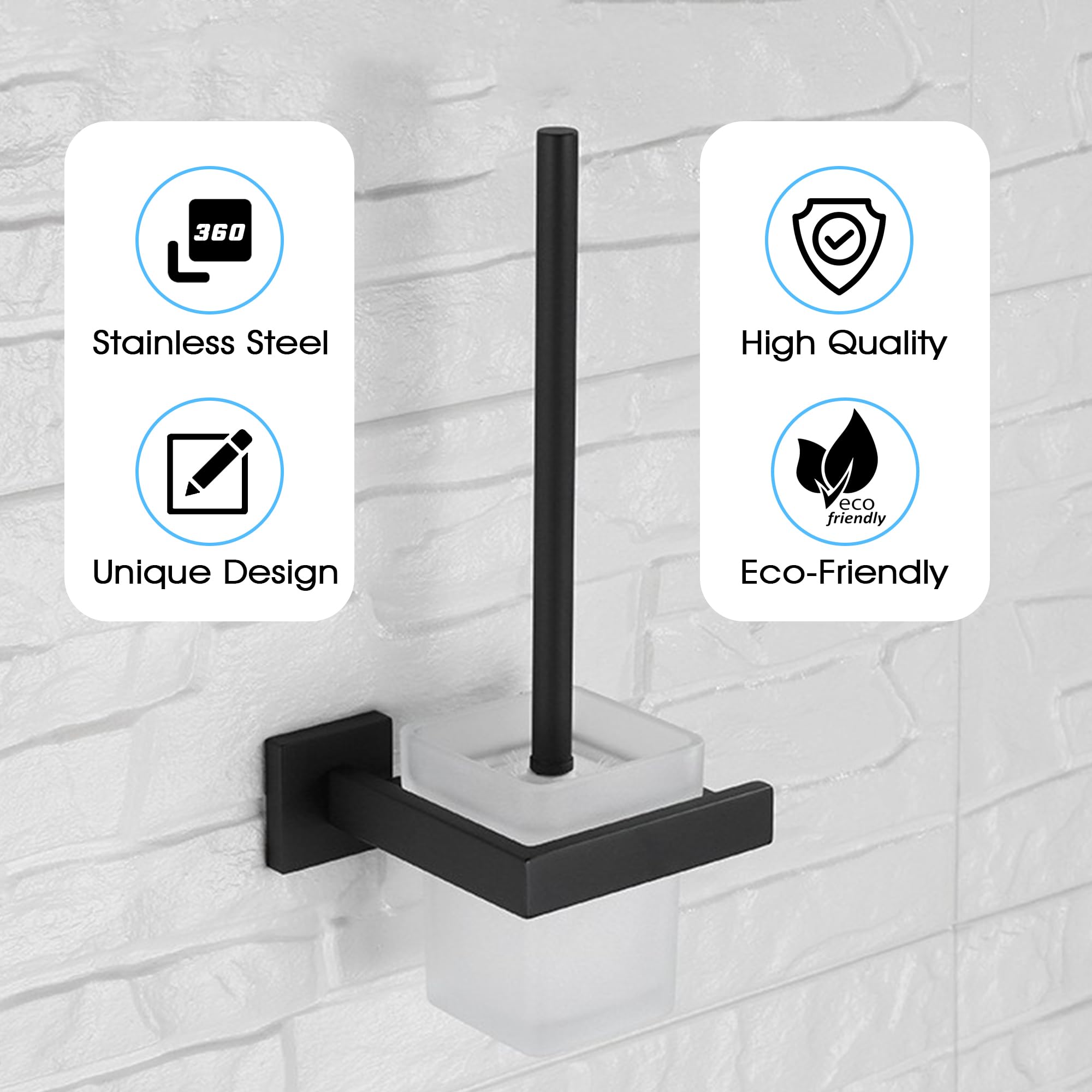 Brixline Upgraded Toilet Cleaner Bowl Brush and Holder Set Wall Mounted Modern Metal Glass Black Scrubber Scrub Brushes Wand Household Supplies