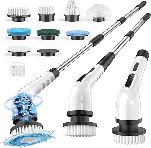 Electric Spin Scrubber for Cleaning Bathroom, Shower Scrubber Cordless Cleaning Brush with IPX7 Waterproof & 3 Speed, 9 Brush Heads, Bathroom Cleaning