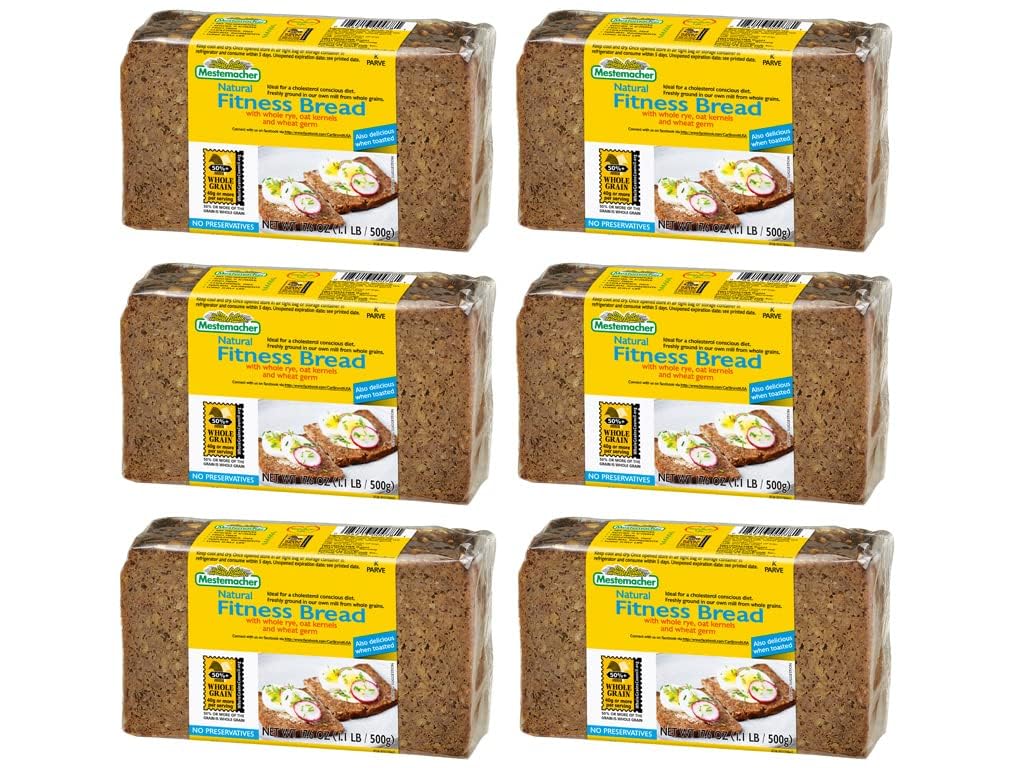 Mestemacher Natural Fitness Bread, 17.6 Oz - High Fiber Whole Grain German Bread, Non-GMO, Healthy Fitness, Ready to Eat, Long Shelf Life (Pack of 6)