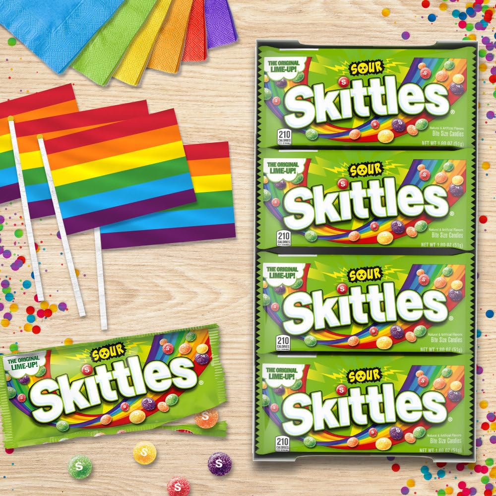 SKITTLES Sours Individually Wrapped Full Size Chewy Sour Candy Packs, 24 Ct Bulk Box for Parties, Movie Nights & Sharing