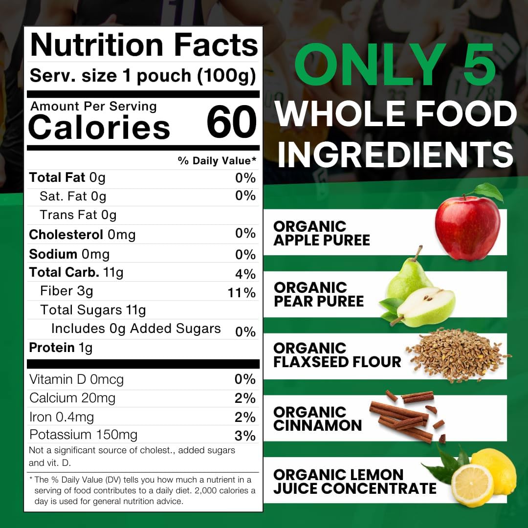 Clean Label Organic Fruit Smoothie Sports Pouches - Healthy Nutrition Drinks, Gluten Free, Caffeine Free, Vegan, Kosher, Convenient Snacks - Apple
