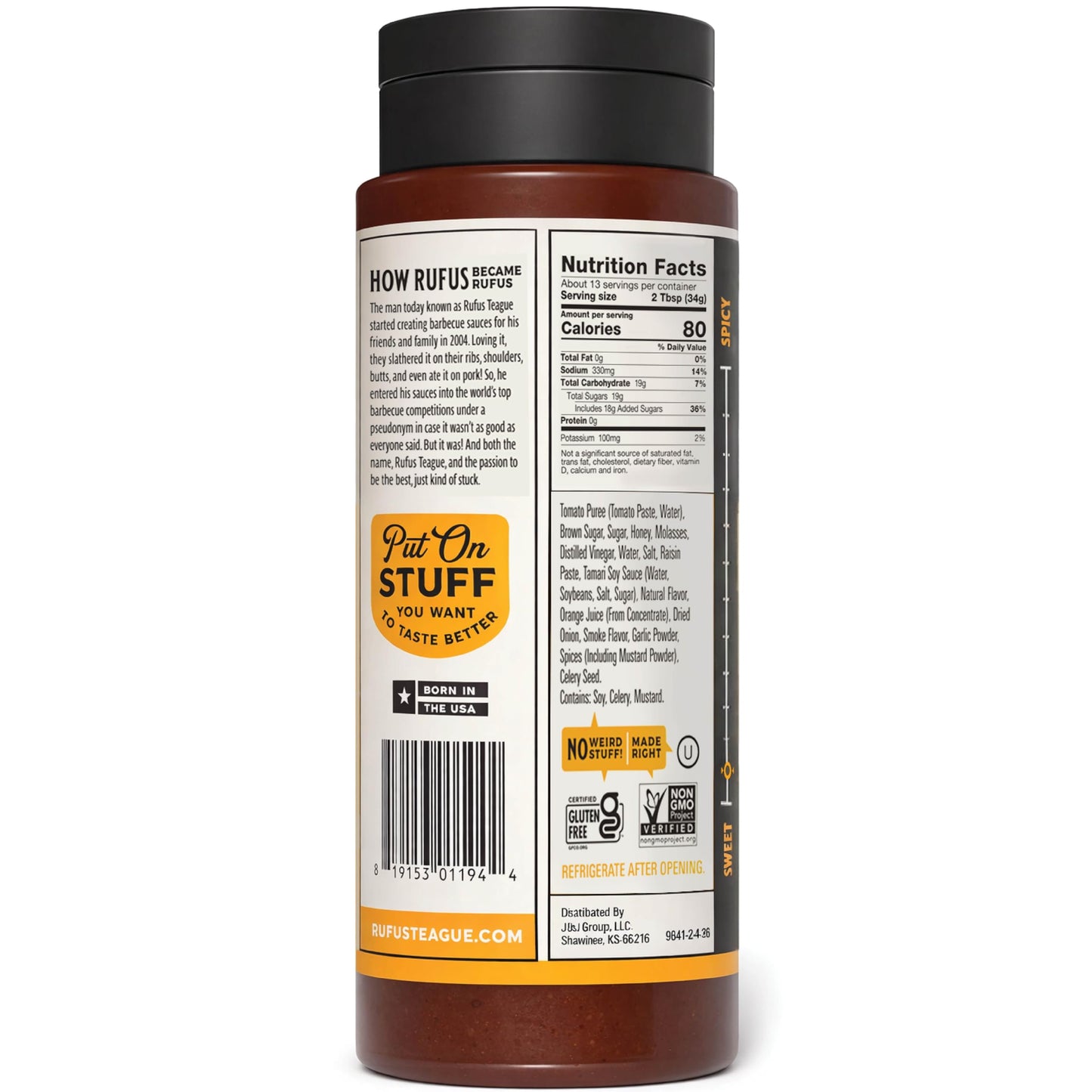 Rufus Teague Honey Sweet BBQ Sauce, Flip Top Squeeze Bottle, 15.2 oz