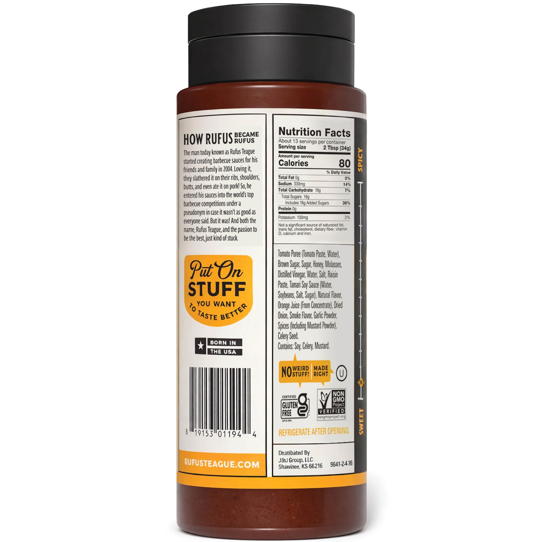 Rufus Teague Honey Sweet BBQ Sauce, Flip Top Squeeze Bottle, 15.2 oz