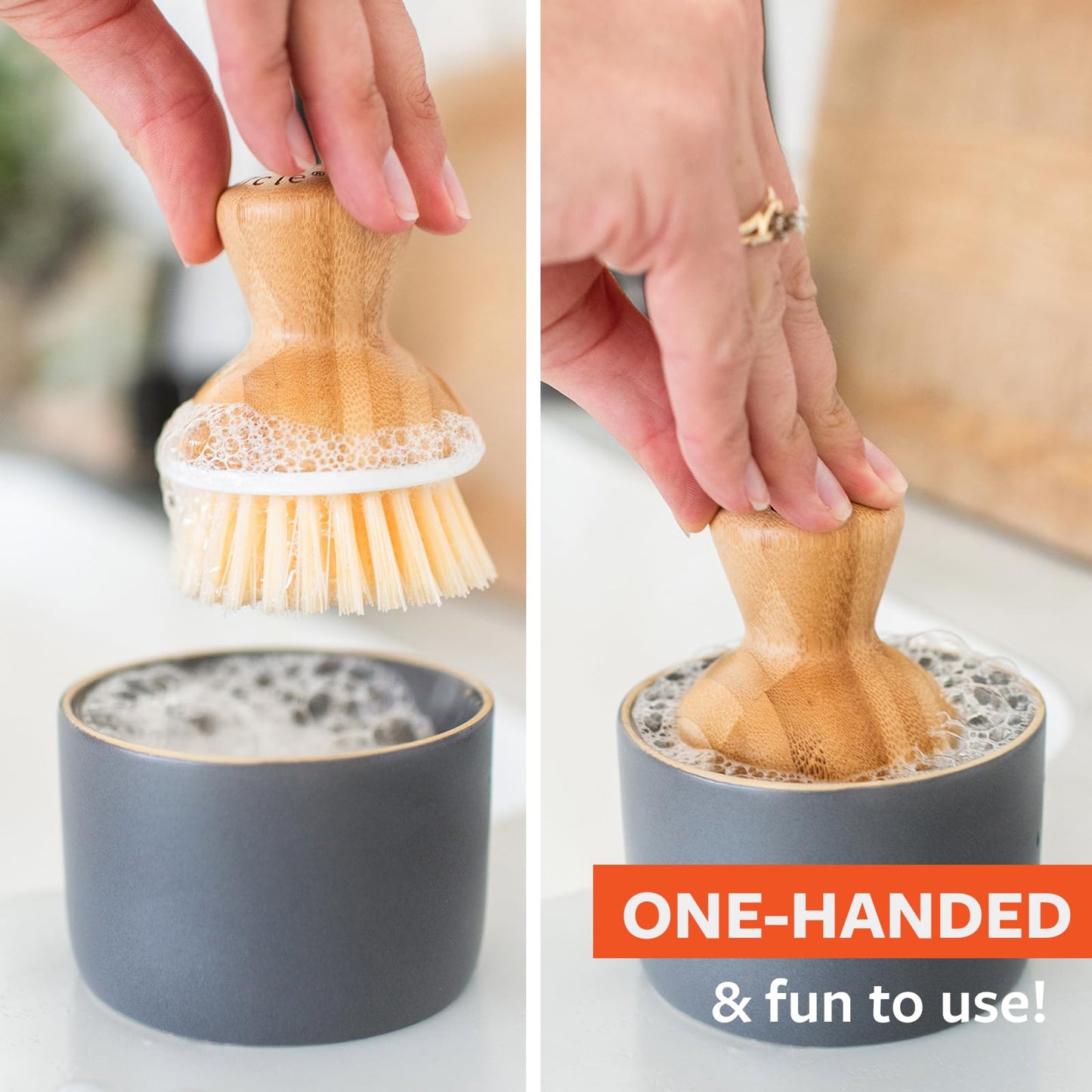 Full Circle Bubble Up Bamboo Dish Brush & Ceramic Soap Dispenser - Family Safe, Formaldehyde-Free - Kitchen Scrub Brush for Dishes, Nonstick & Cast