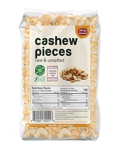 Spicy World Raw Cashew Pieces 80oz (5 LBS) - Natural Bulk Raw & Unsalted Cashews for Cooking, Baking & Topping, Gluten Free, Vegan, Keto, Paleo