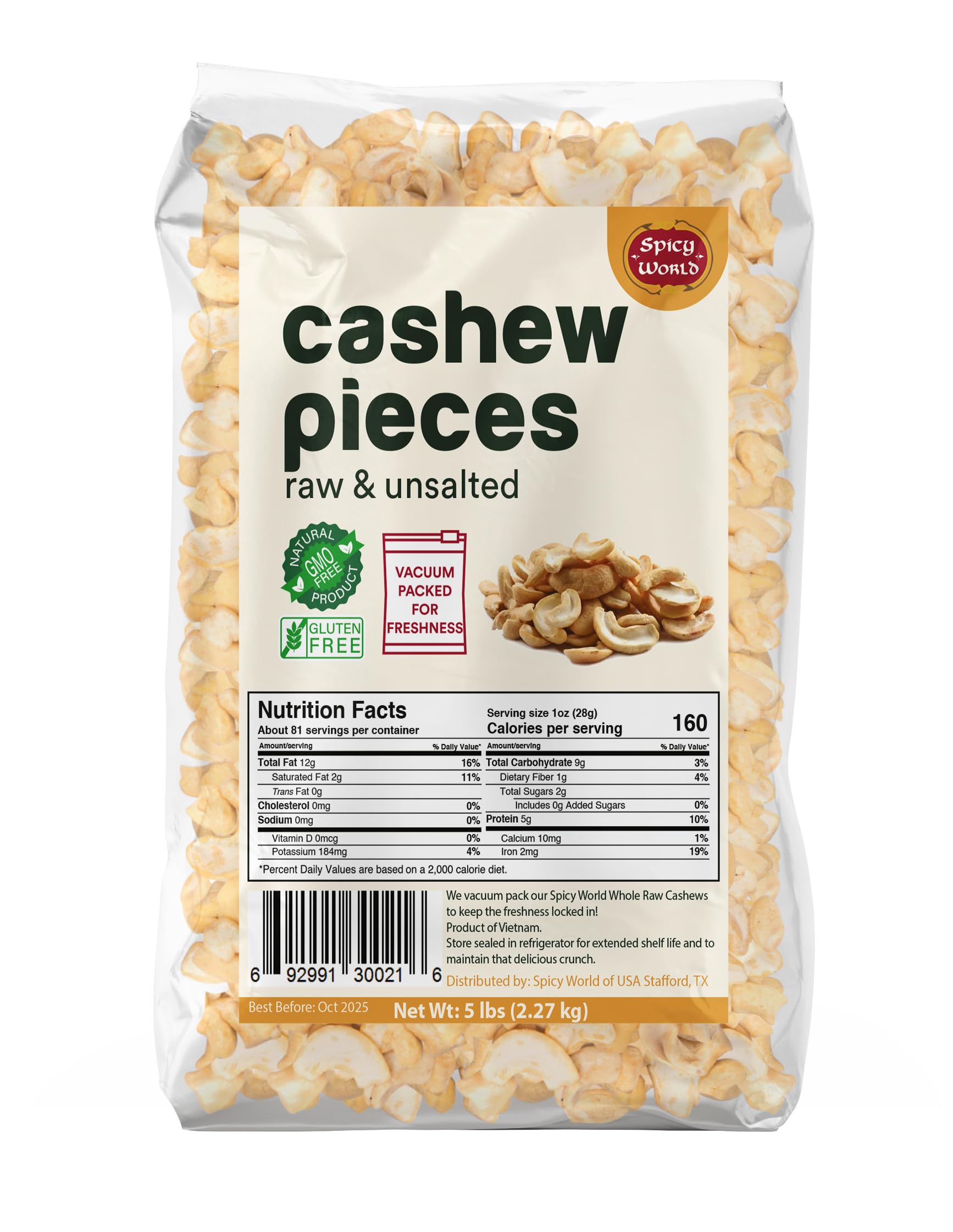 Spicy World Raw Cashew Pieces 80oz (5 LBS) - Natural Bulk Raw & Unsalted Cashews for Cooking, Baking & Topping, Gluten Free, Vegan, Keto, Paleo