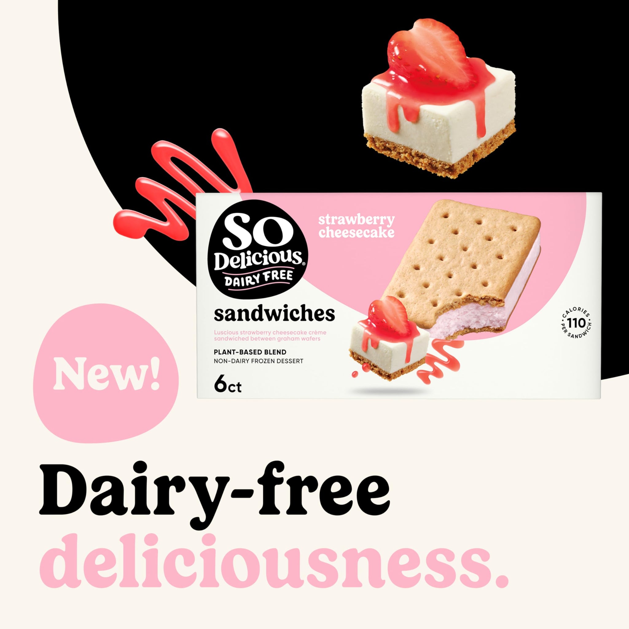So Delicious Plant Based Blend Frozen Dessert Sandwiches, Strawberry Cheesecake, Dairy Free, Vegan Ice Cream Sandwich Alternative, Non-GMO, Kosher, 6
