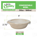 [25 Pack] 32 oz Round Disposable Compostable Paper Bowls with Lids Heavy-Duty, Eco-Friendly Natural Bagasse Unbleached, Heat Resistant, 100%