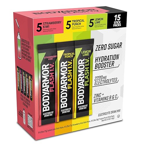 BODYARMOR Flash IV Electrolyte Packets, Strawberry Kiwi, Lemon Lime, & Tropical Punch Variety Pack - Zero Sugar Drink Mix, Single Serve Packs, Coconut