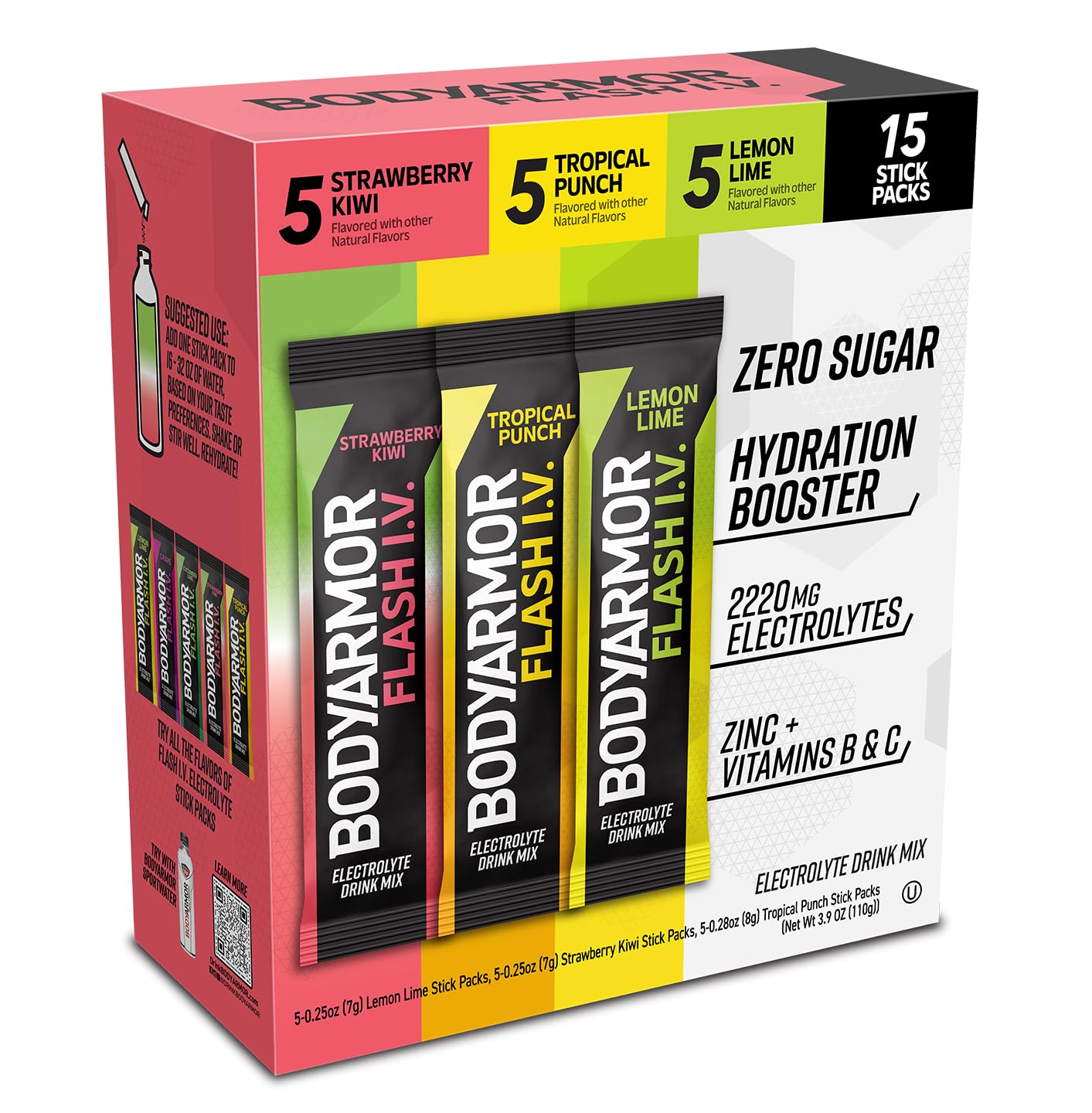 BODYARMOR Flash IV Electrolyte Packets, Strawberry Kiwi, Lemon Lime, & Tropical Punch Variety Pack - Zero Sugar Drink Mix, Single Serve Packs, Coconut