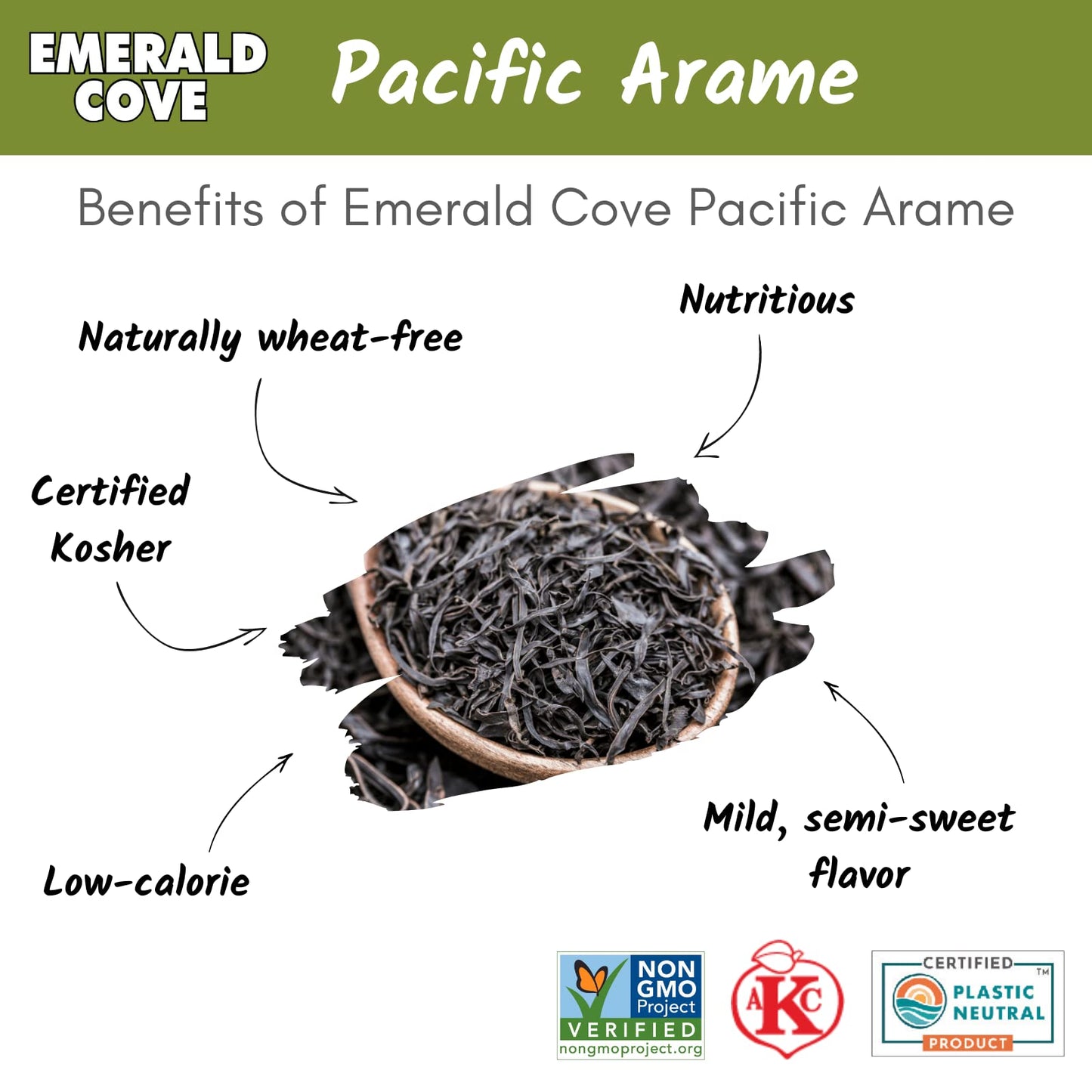 Emerald Cove Pacific Arame, Dried Seaweed, Non-GMO, Resealable Bag, 1.76 oz (6 pk)