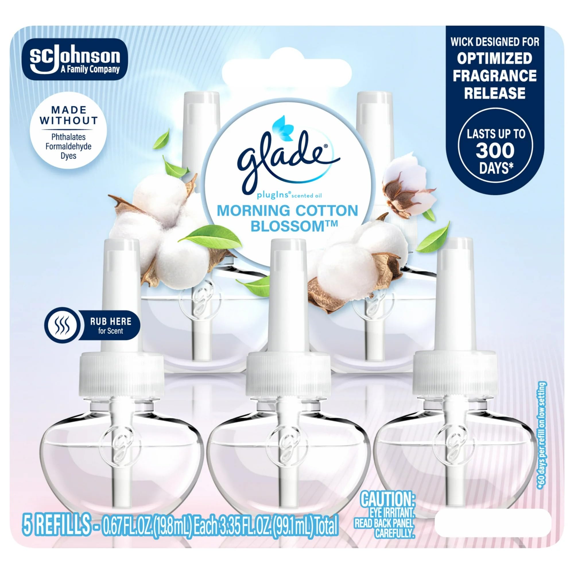 Glade PlugIns Scented Oil Refills, Morning Cotton Blossom, 5 Count, 0.67 fl oz Each, Long-Lasting Fragrance