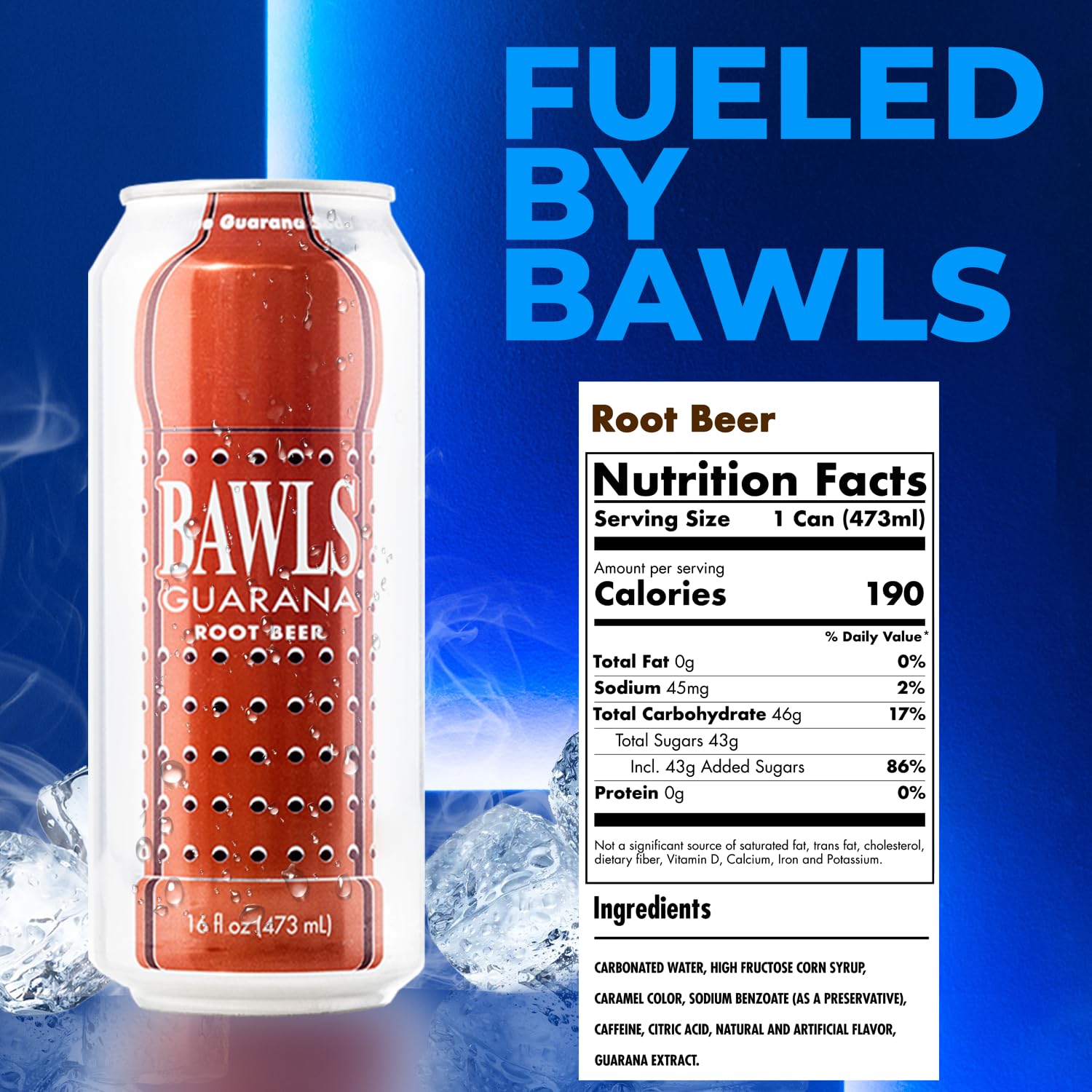 BAWLS Guarana Root Beer - Guarana Fueled Soda for Energy, High Caffeinated Drink, 16oz 24 Pack Cans
