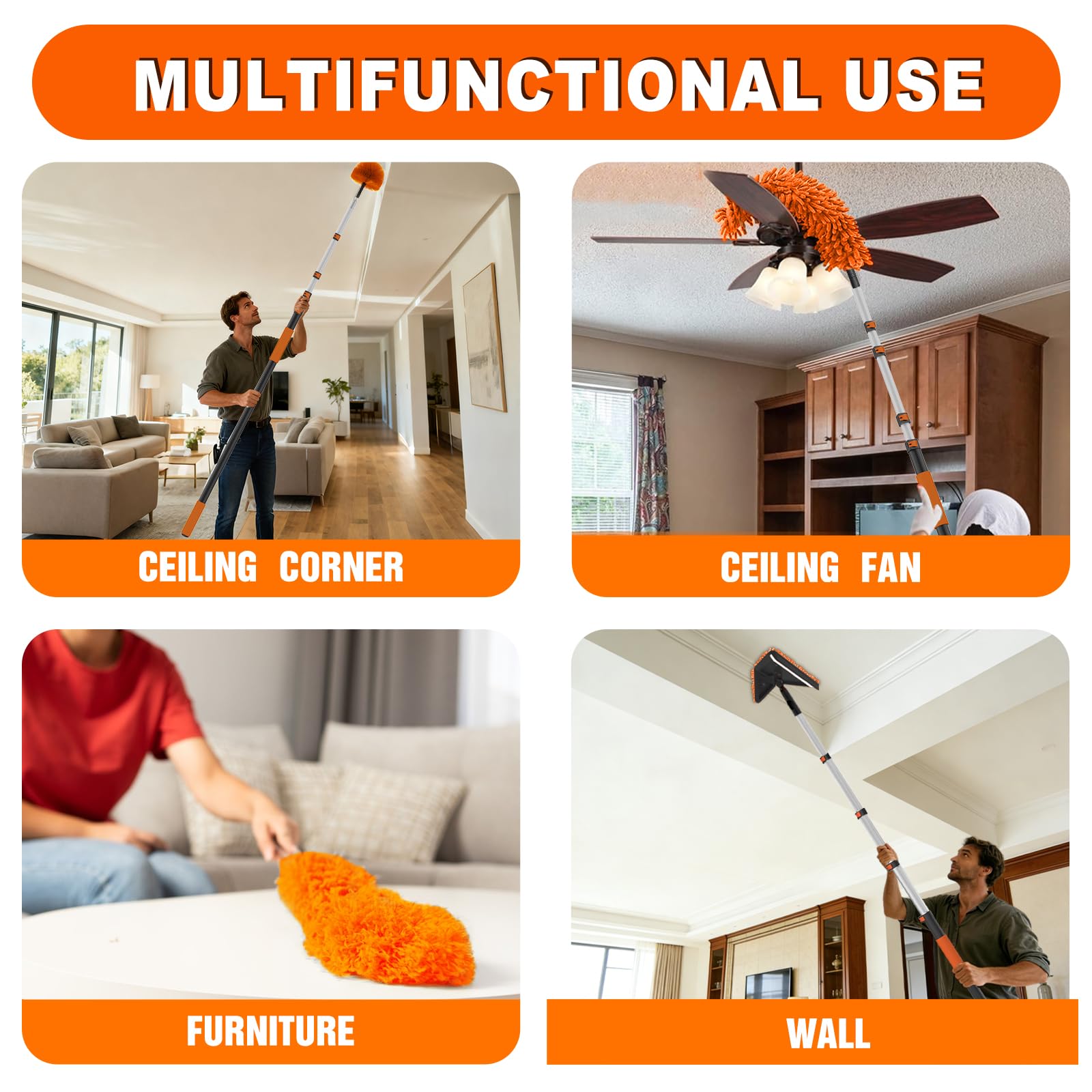 SISUPASSIE 26FT Reach Duster Cleaner Kit, Dusters for Cleaning with Extension Pole, Baseboard & Wall and Window Cleaner Mop for Fan Blades, High